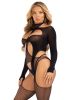 2 Pc Fishnet Suspender Lingerie Jumpsuit And Layered Opaque Teddy O/S - Black
