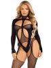 2 Pc Fishnet Suspender Lingerie Jumpsuit And Layered Opaque Teddy O/S - Black