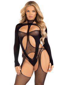 2 Pc Fishnet Suspender Lingerie Jumpsuit And Layered Opaque Teddy O/S - Black