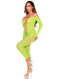 Python Net Crotchless Footless Lingerie Jumpsuit O/S - Neon Green