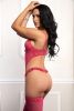 3Pc Garter Top Bra With Ruffled Thong - And Stockings - One Size - Strawberry Lipstick