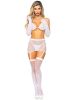 5 Pc Rhinestone Bikini Top G-String Garter Skirt, Gloves And Stockings - One Size - White
