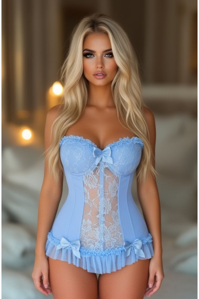 Lavish Lt Blue Lycra & Lace Hook & Eye Stretch Bustier Corset (Size: XSmall)