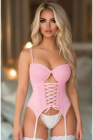 Lavish Lt Pink Lycra & Lace Hook & Eye Lace-Up Bustier Corset w/Garters (Size: XSmall)