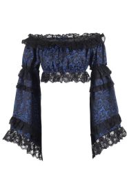Blue/Black Brocade Smocked Flare Sleeve Peasant Top (Size: Regular)