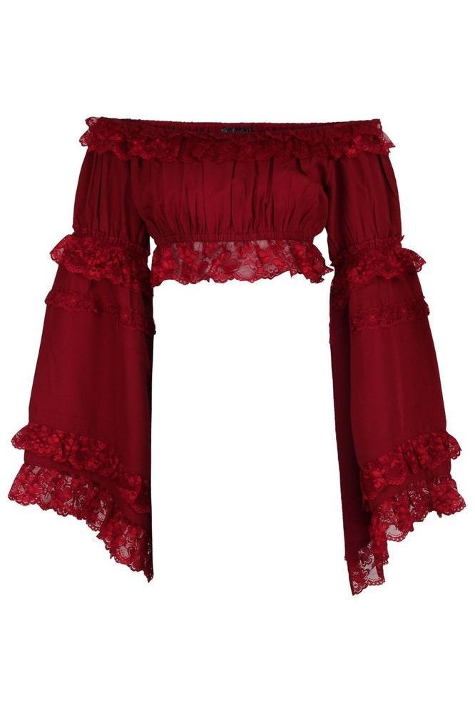 Dark Red Smocked Flare Sleeve Peasant Top (Size: Regular)
