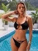Women's Black Cutout Bikini Set, Double Strap Top with Midriff Cutouts + Multi-Strap Bottom, Swimwear for Beach Vacation