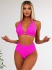 Women's Crochet Triangle Bikini Set, Halter Neck Top with High Waist Bottom, Neon Pink Two-Piece Swimwear for Beach Vacation
