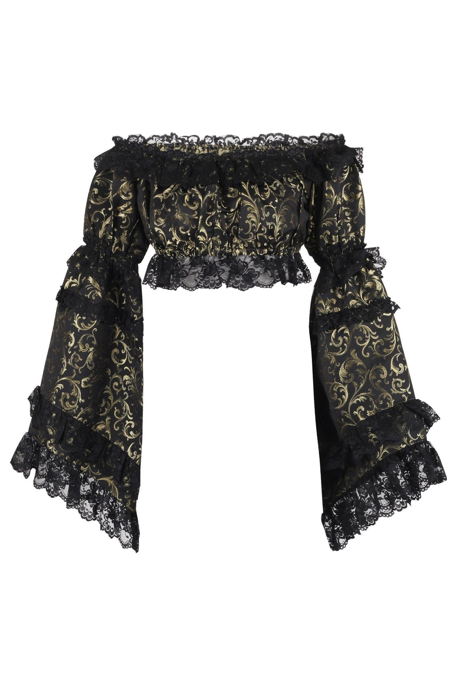 Gold/Black Brocade Smocked Flare Sleeve Peasant Top (Size: Regular)
