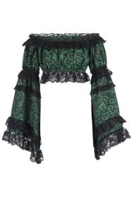 Green/Black Brocade Smocked Flare Sleeve Peasant Top (Size: Regular)