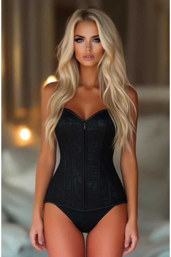 Lavish Black Lace Front Zipper Corset (Size: Small)