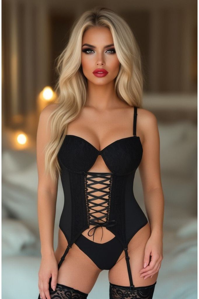 Lavish Black Lycra & Lace Hook & Eye Lace-Up Bustier Corset w/Garters (Size: XSmall)