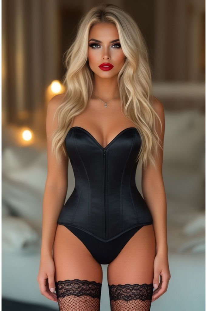 Lavish Black Satin Front Zipper Overbust Corset (Size: XSmall)