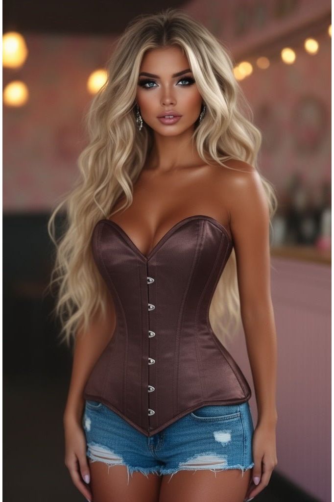 Lavish Dark Brown Satin Overbust Corset Sweetheart Neckline Busk Closure (Size: XSmall)
