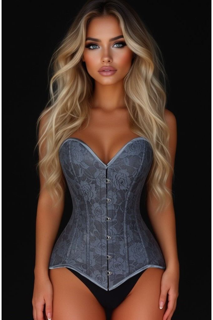 Lavish Dark Grey Lace Overbust Corset Sweetheart Neckline Busk Closure (Size: XSmall)