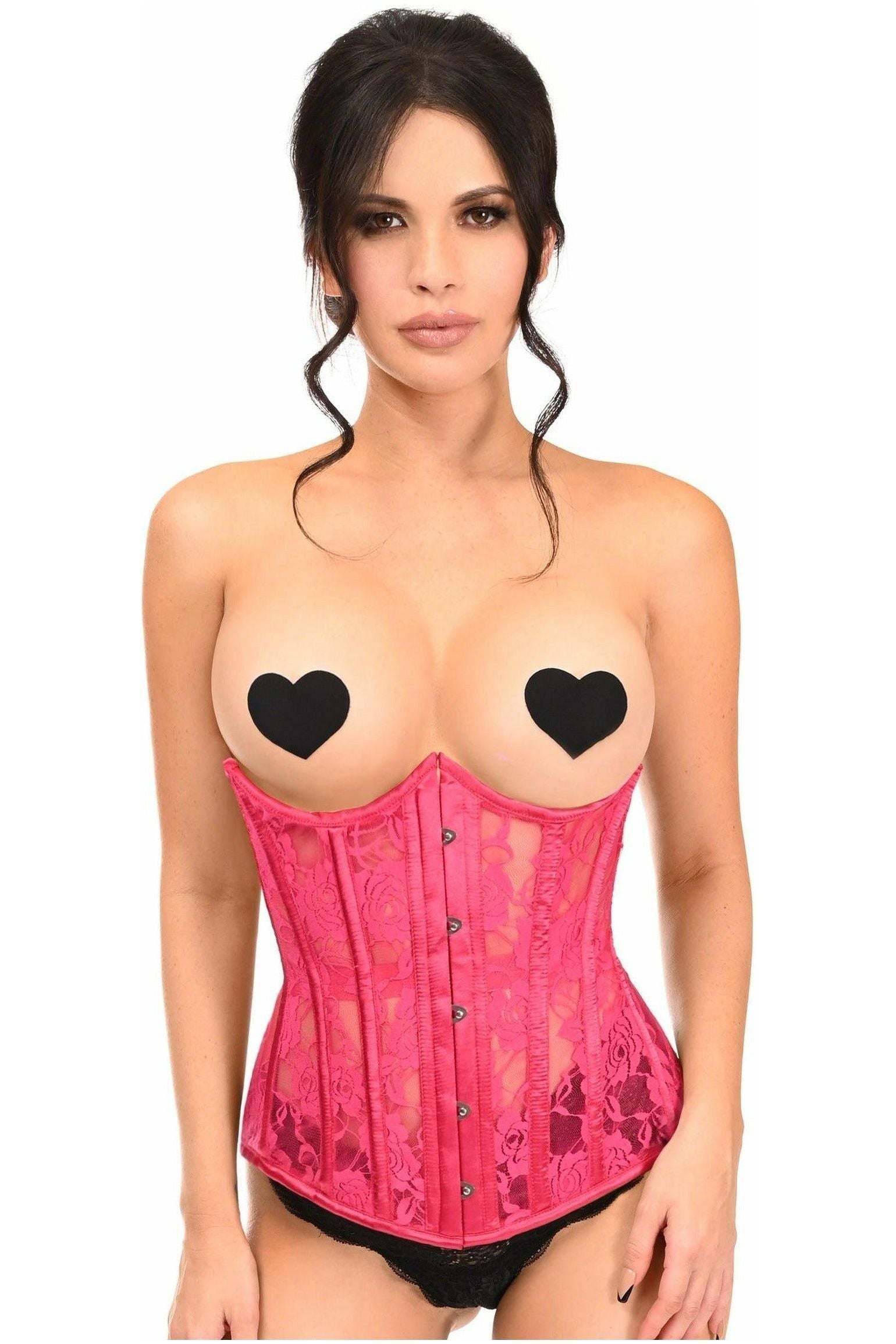Lavish Fuchsia Sheer Lace Underwire Open Cup Underbust Corset (Size: Small)