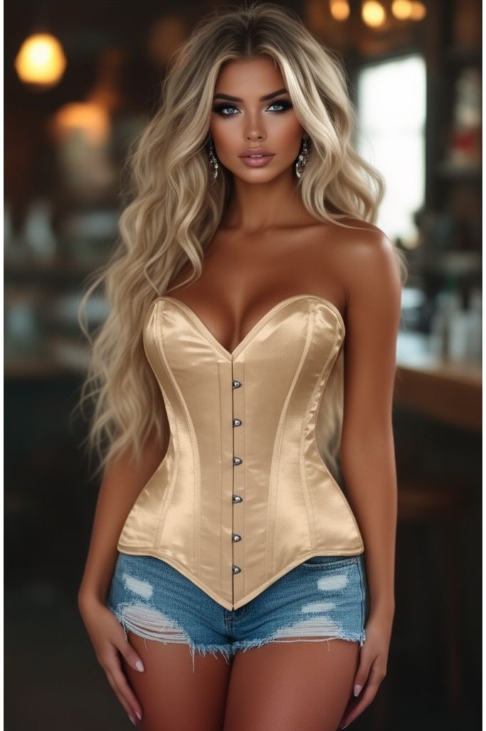 Lavish Gold Satin Overbust Corset Sweetheart Neckline Busk Closure (Size: XSmall)