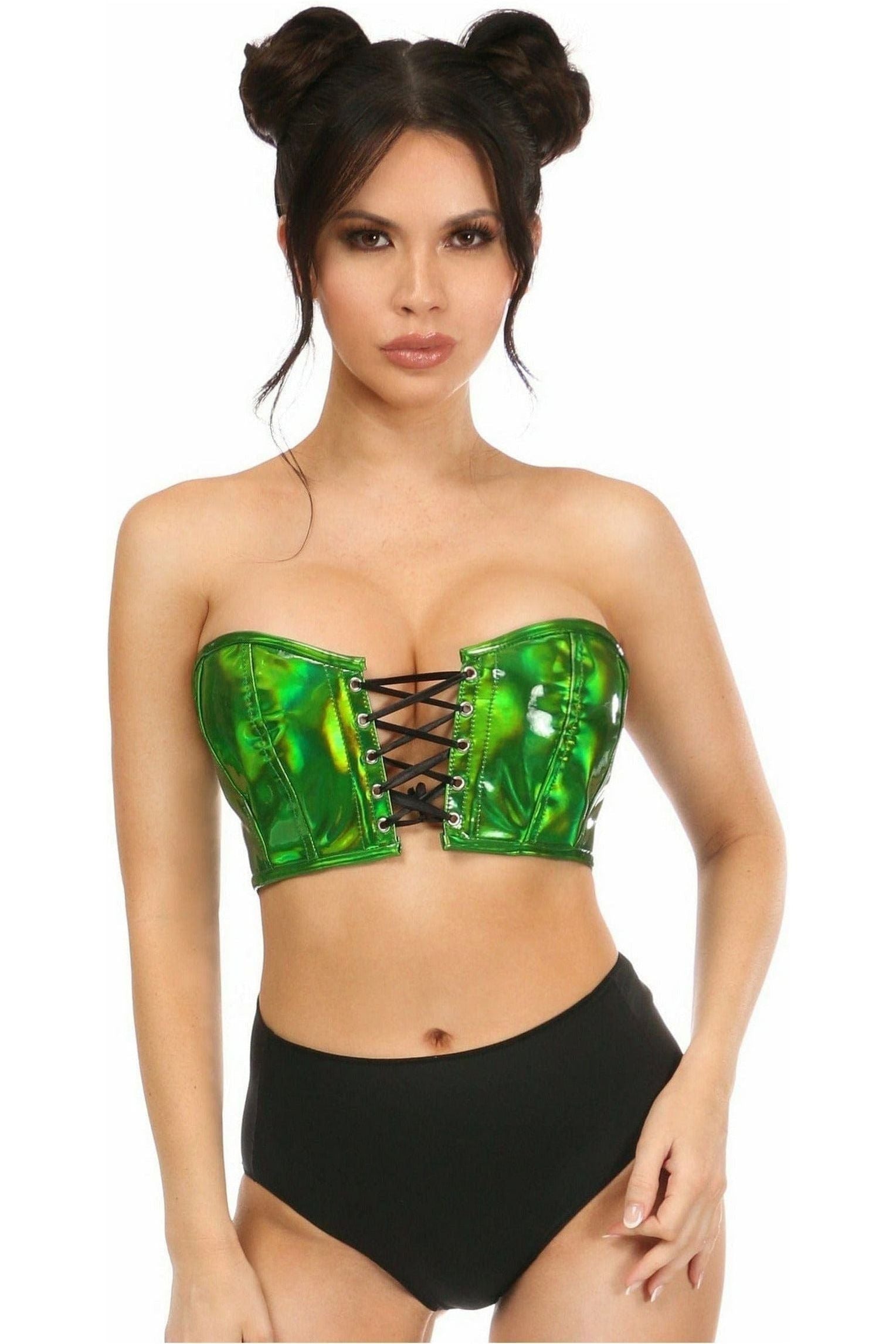 Lavish Green Holo Lace-Up Bustier Top (Size: Small)