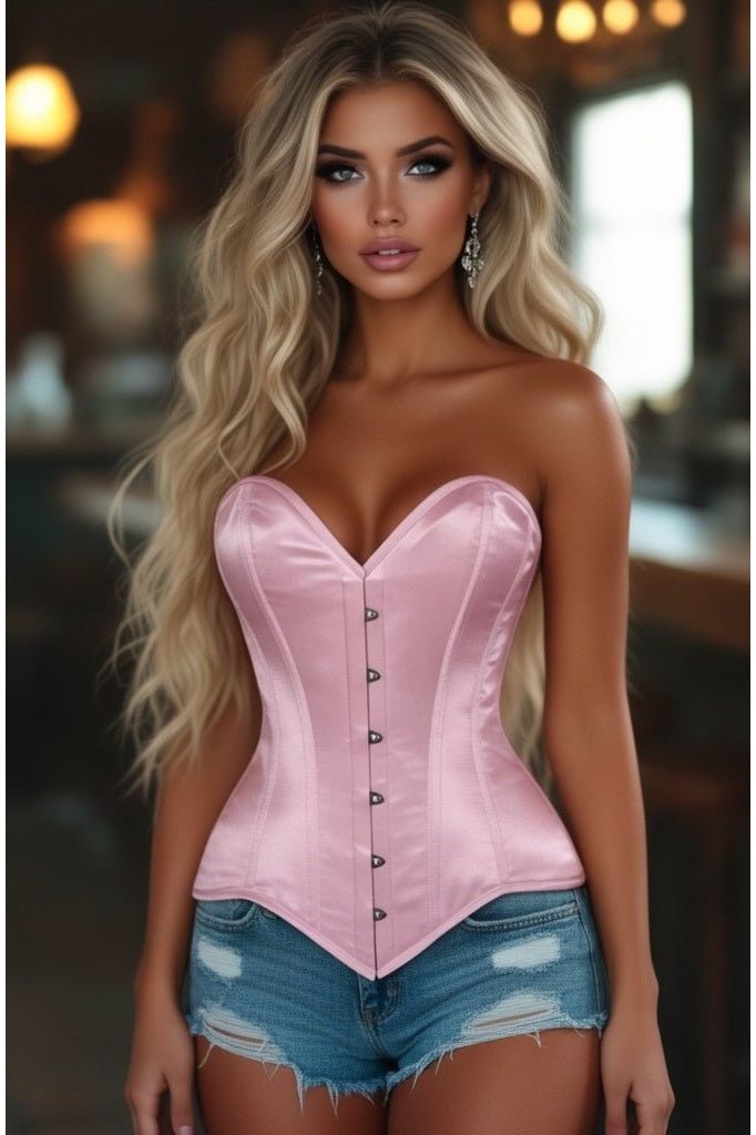 Lavish Lt Pink Satin Overbust Corset Sweetheart Neckline Busk Closure (Size: XSmall)