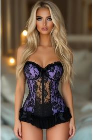 Lavish Lt Purple w/Black Lace & Lycra Hook & Eye Stretch Bustier Corset (Size: XSmall)
