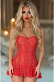 Lavish Red Sheer Lace Corset Dress (Size: Small)
