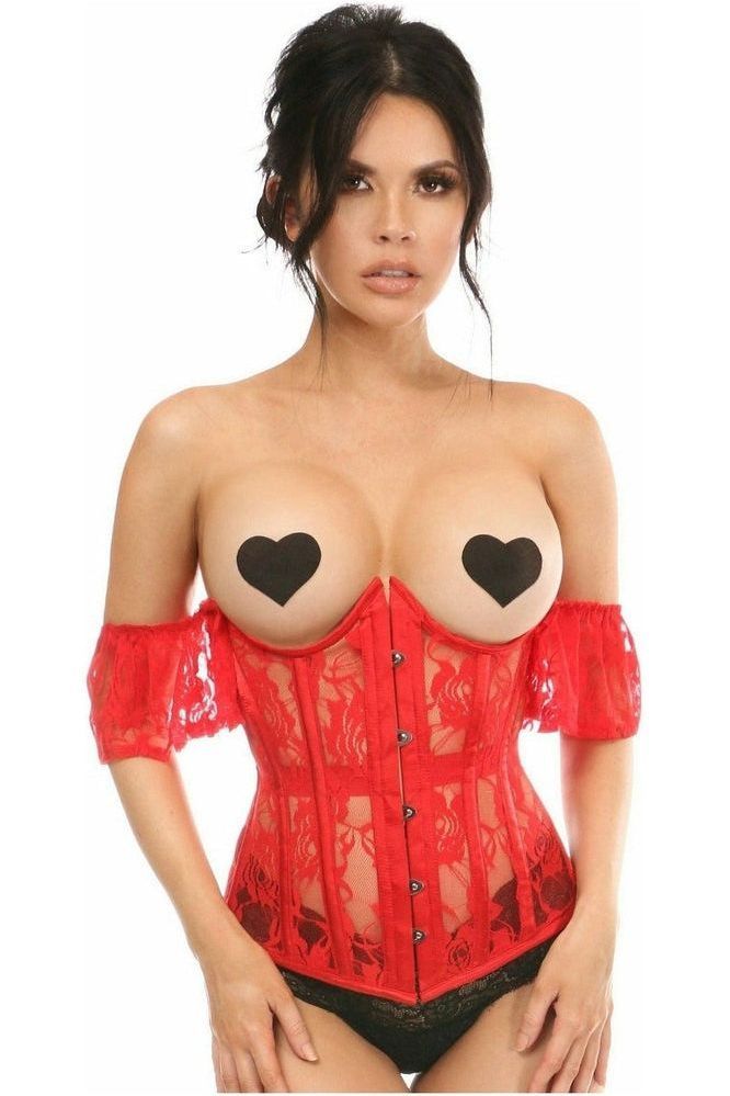 Lavish Sheer Red Lace Underbust Underwire Corset w/Ruffle Sleeve (Size: Small)