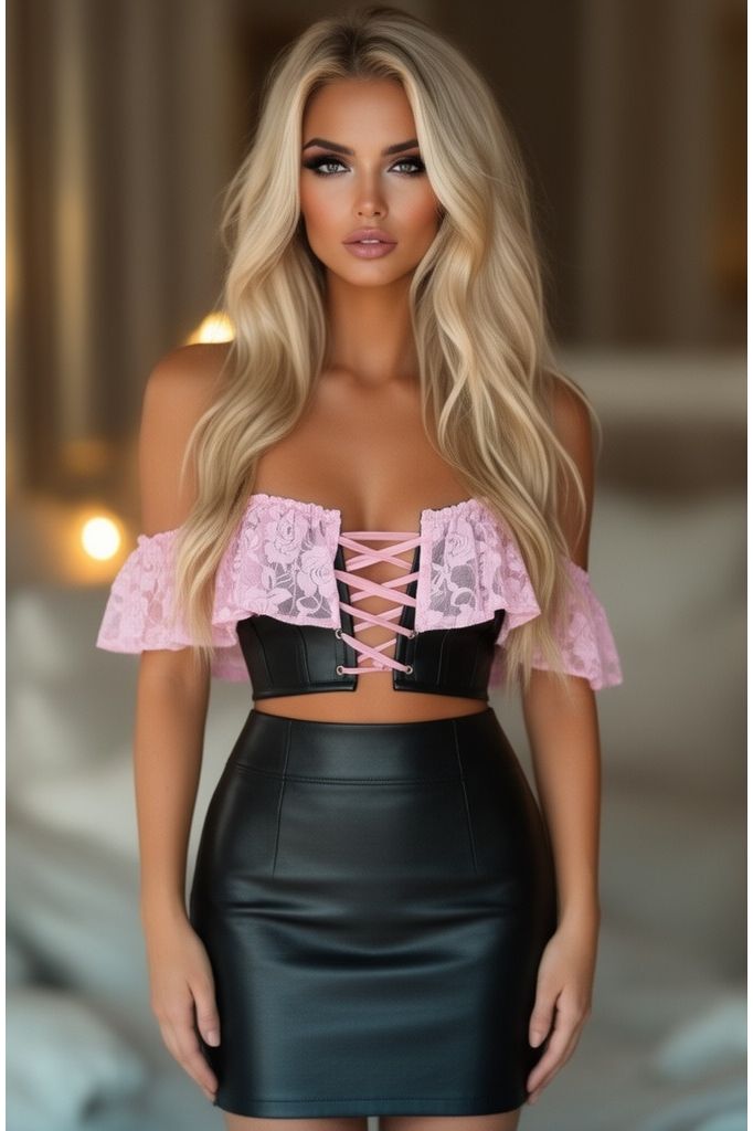 LIMITED EDITION Lavish Lt Pink Lace & Faux Leather Bustier Top (Size: Small)