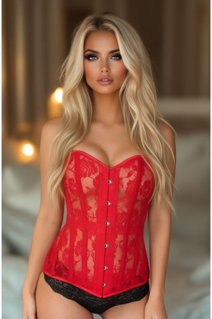 LIMITED EDITION Lavish Red Sheer Lace Over Bust Corset (Size: Small)