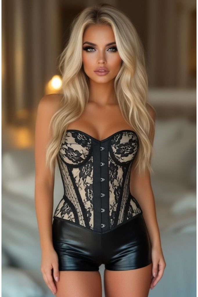 LIMITED EDITION Top Drawer Nude w/Black Lace Steel Boned Underwire Bustier Corset (Size: Small)