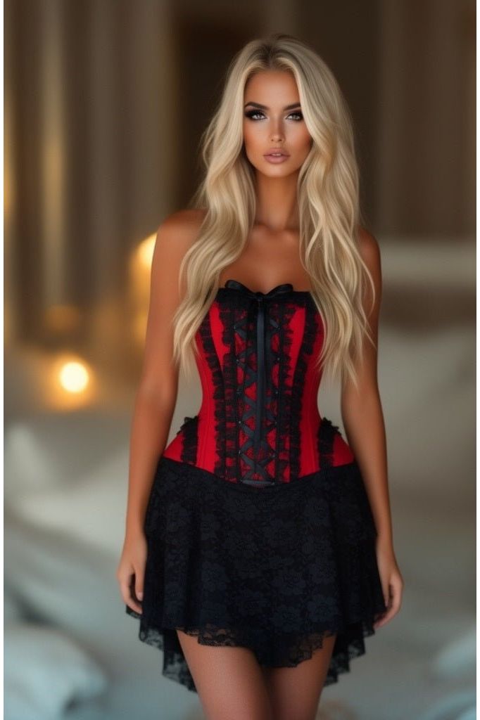 LIMITED EDITION Top Drawer Steel Boned Strapless Red/Black Lace Victorian Corset Dress (Size: Small)