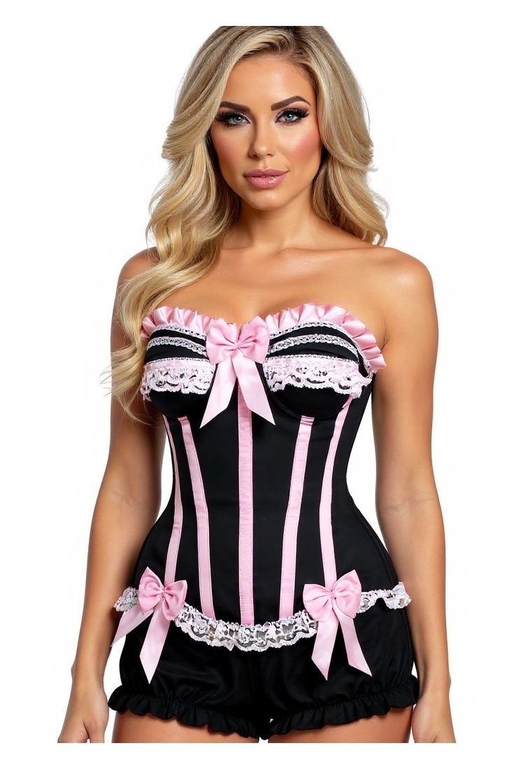 Top Drawer 2 PC Pink/Black Burlesque Steel Boned Corset & Bloomer Set (Size: Small)