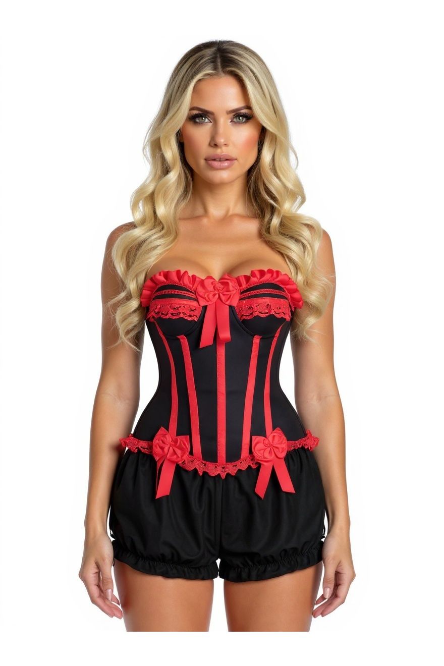 Top Drawer 2 PC Red/Black Burlesque Steel Boned Corset & Bloomer Set (Size: Small)