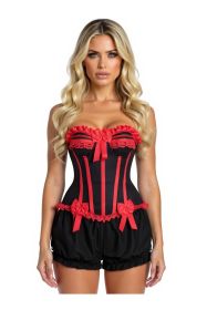Top Drawer 2 PC Red/Black Burlesque Steel Boned Corset & Bloomer Set (Size: Small)