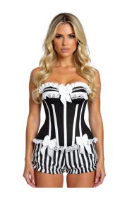 Top Drawer 2 PC White/Black Striped Burlesque Steel Boned Corset & Bloomer Set (Size: Small)