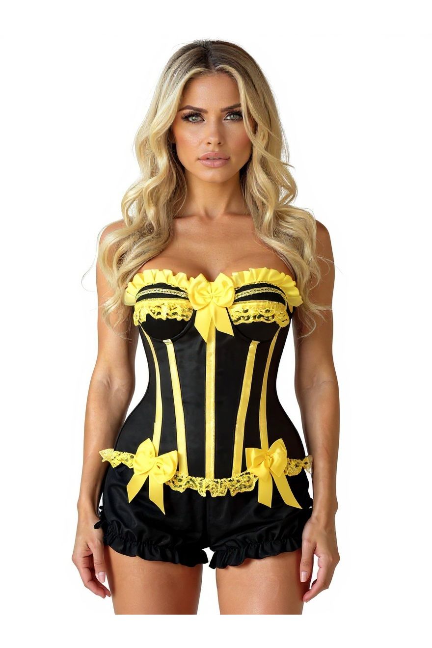 Top Drawer 2 PC Yellow/Black Burlesque Steel Boned Corset & Bloomer Set (Size: XSmall)