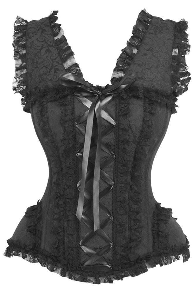 LIMITED EDITION Top Drawer Black Brocade & Lace Steel Boned Corset w/Cap Sleeves (Size: Small)