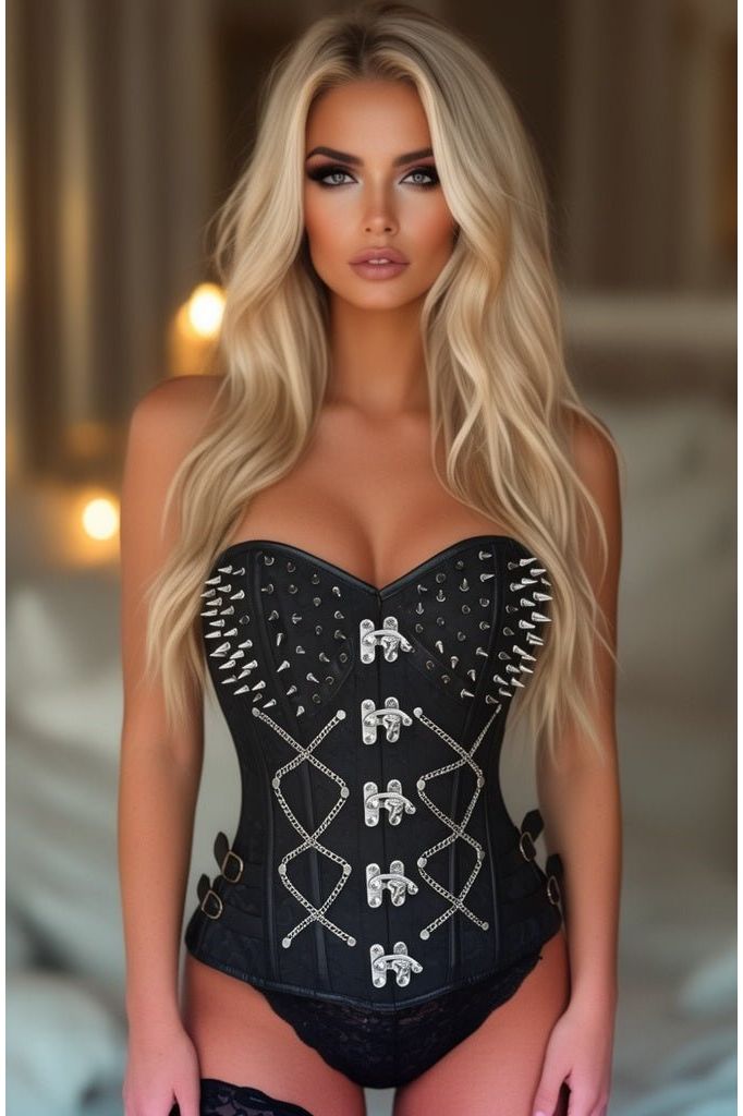 Top Drawer Black Brocade & Silver Spikes Steel Boned Corset (Size: XSmall)