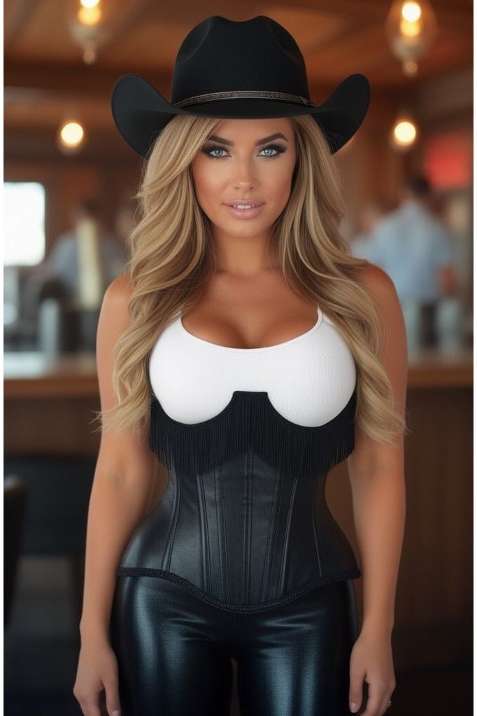 Top Drawer Black Faux Leather Steel Boned Underbust Corset w/Fringe (Size: XSmall)