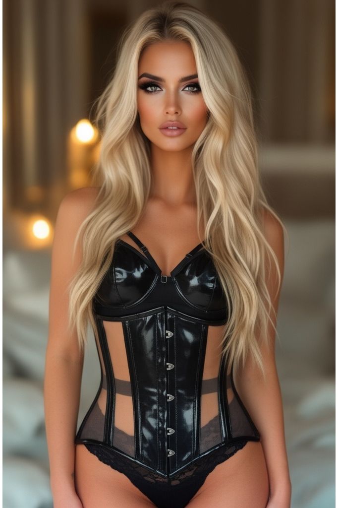Top Drawer Black Patent & Nude Mesh Steel Boned Under Bust Corset (Size: Small)