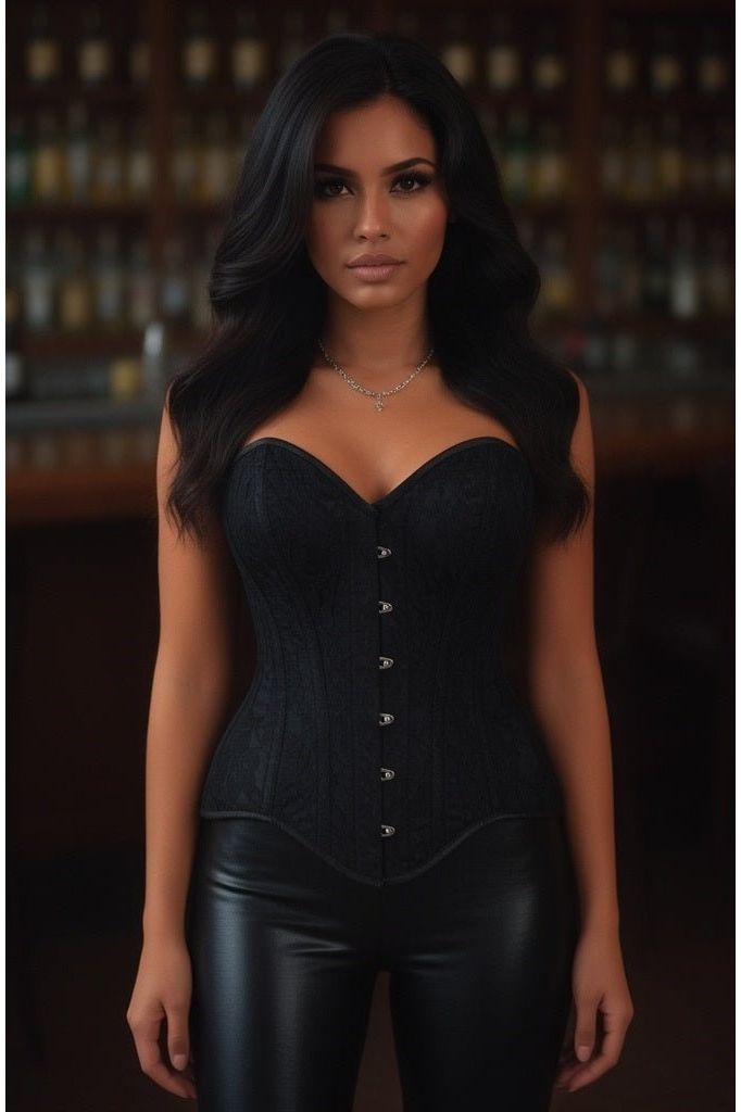 Top Drawer Black Satin w/Black Lace Overlay Steel Boned Overbust Corset (Size: Small)