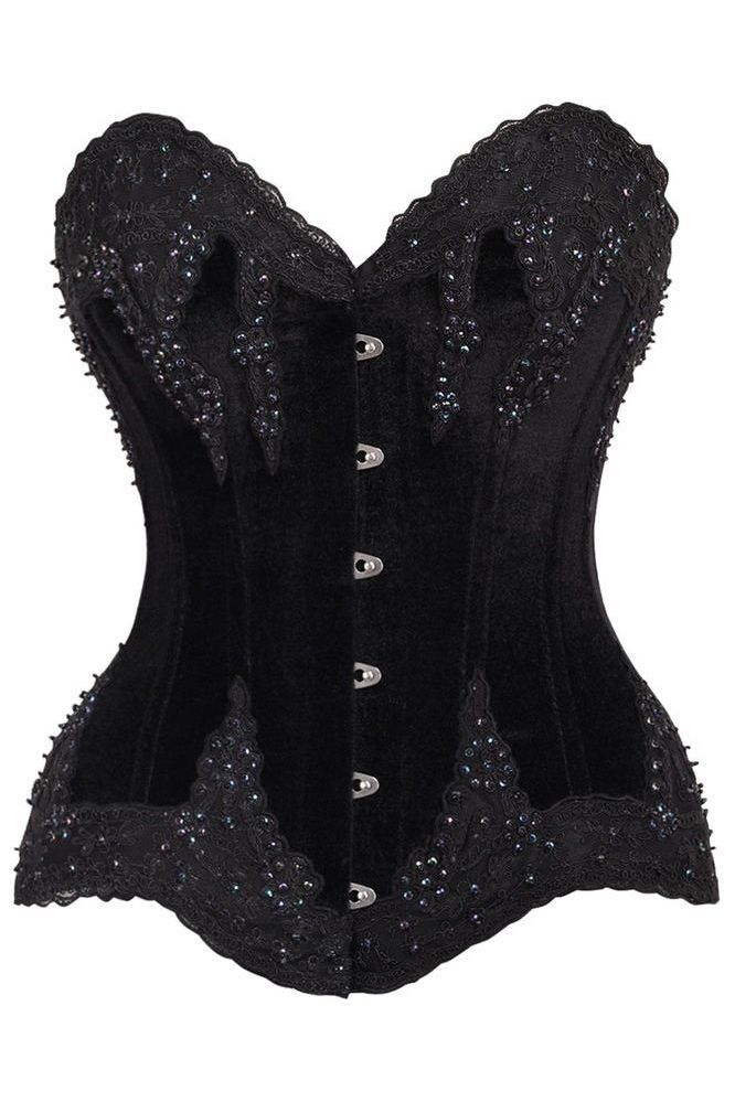 Top Drawer Black Velvet & Beaded Steel Boned Overbust Corset (Size: Small)