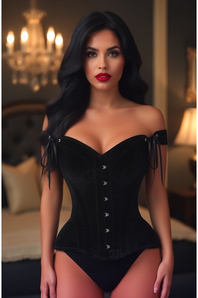Top Drawer Black Velvet Steel Boned Corset w/Straps (Size: XSmall)