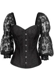 LIMITED EDITION Top Drawer Black w/Black Lace Steel Boned Long Sleeve Corset (Size: Small)