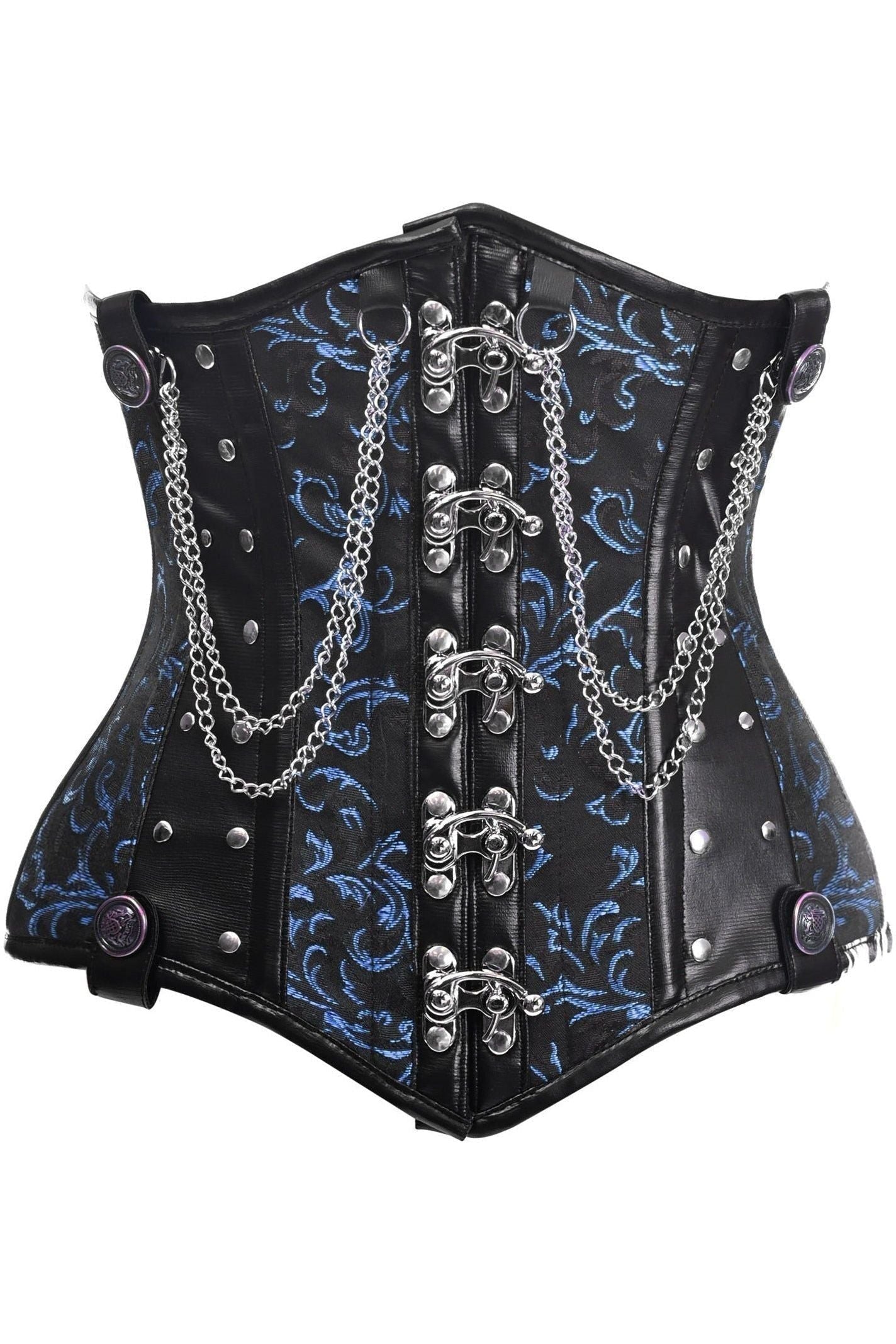 Top Drawer Black/Blue Steel Boned Underbust Corset w/Chains and Clasps (Size: Small)
