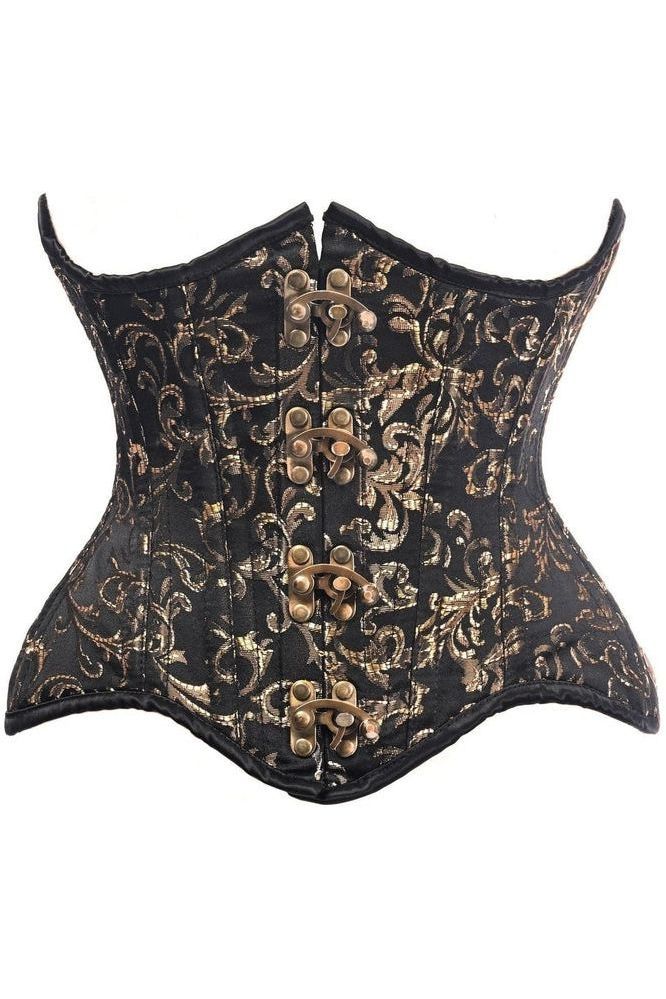 Top Drawer Black/Gold Brocade Double Steel Boned Under Bust Corset (Size: XSmall)