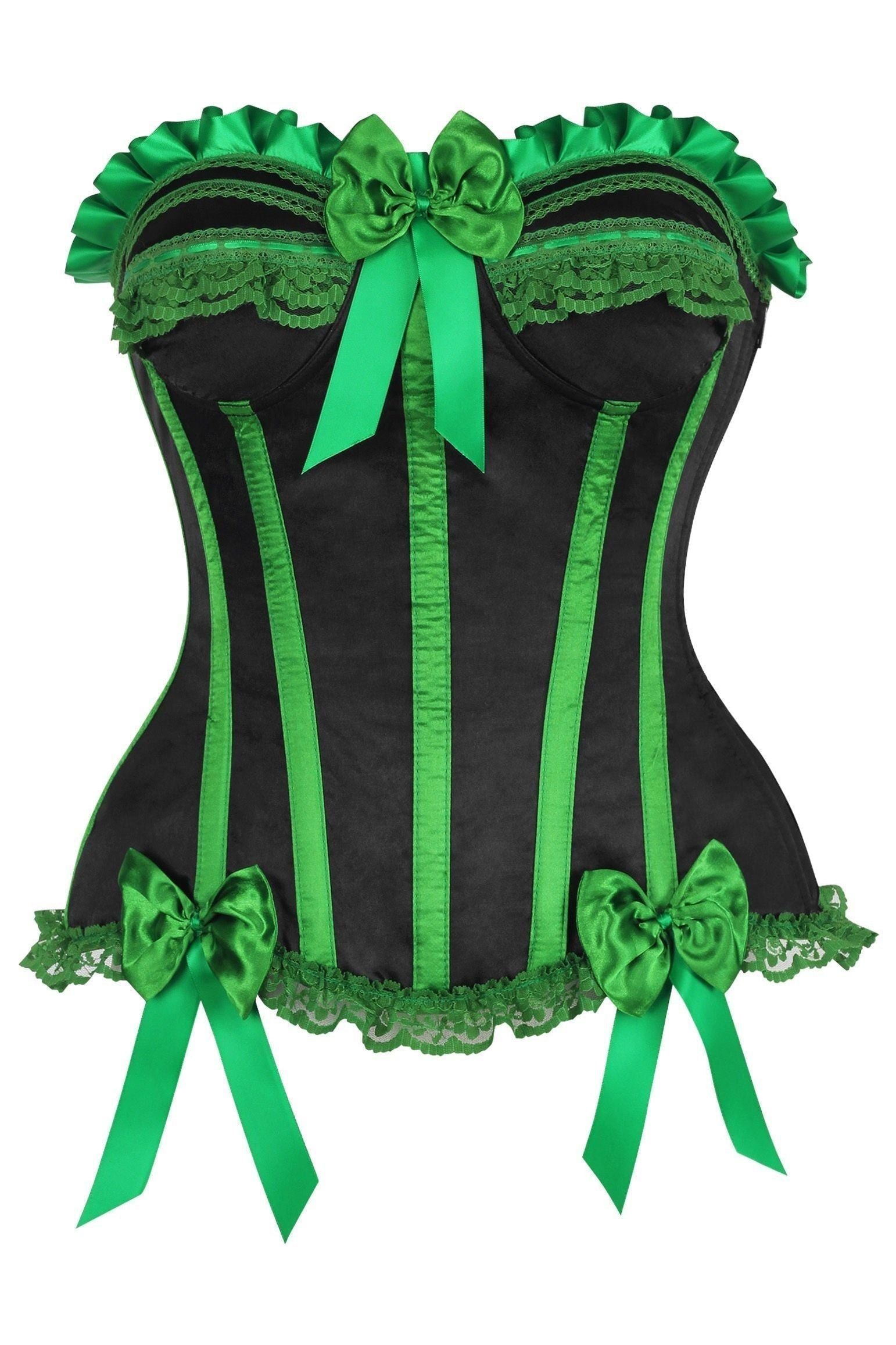Top Drawer Black/Green Satin Steel Boned Burlesque Corset (Size: XSmall)