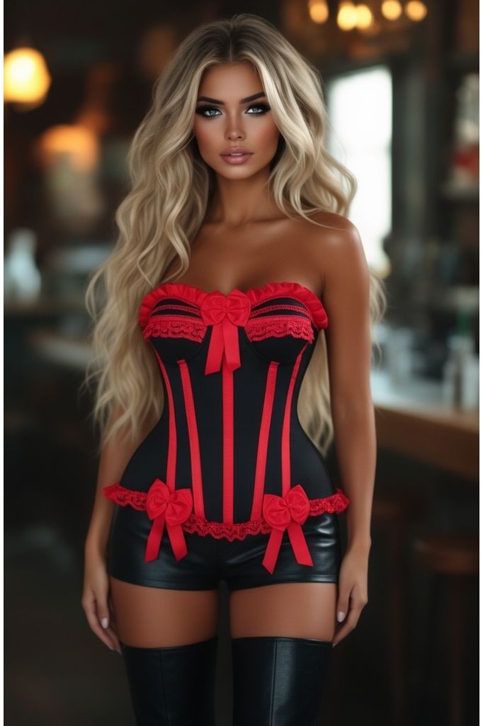 Top Drawer Black/Red Steel Boned Burlesque Corset (Size: Small)