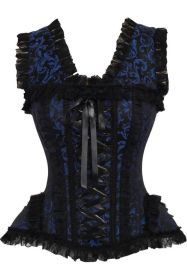LIMITED EDITION Top Drawer Blue/Black Swirl Brocade & Lace Steel Boned Corset w/Cap Sleeves (Size: Small)
