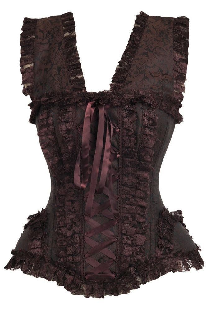 LIMITED EDITION Top Drawer Brown Swirl Brocade & Lace Steel Boned Corset w/Cap Sleeves (Size: Small)