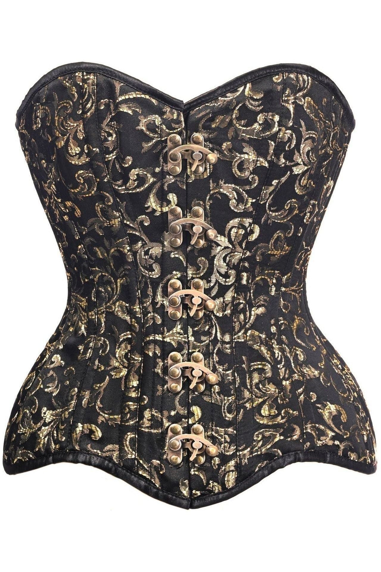 Top Drawer CURVY Black/Gold Brocade Double Steel Boned Overbust Corset (Size: XSmall)